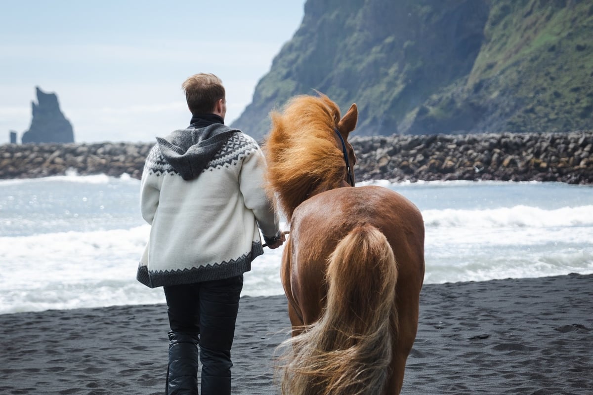 un homme et un cheval sur la plage de Vík í Mýrdal