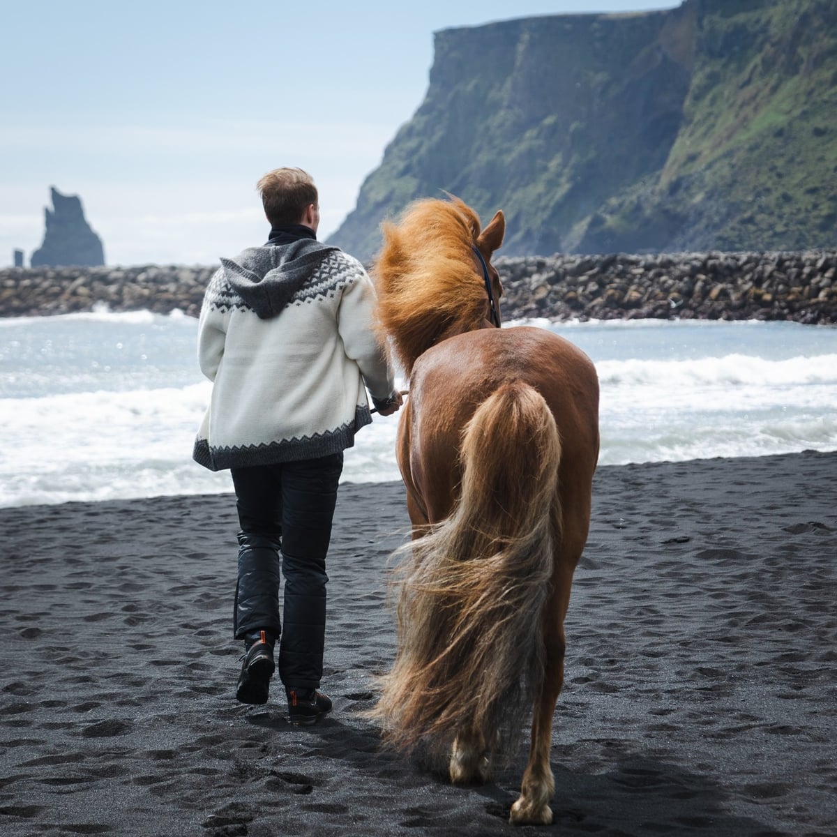 Man and horse walking on the black beach, next to Icewear store in Vík