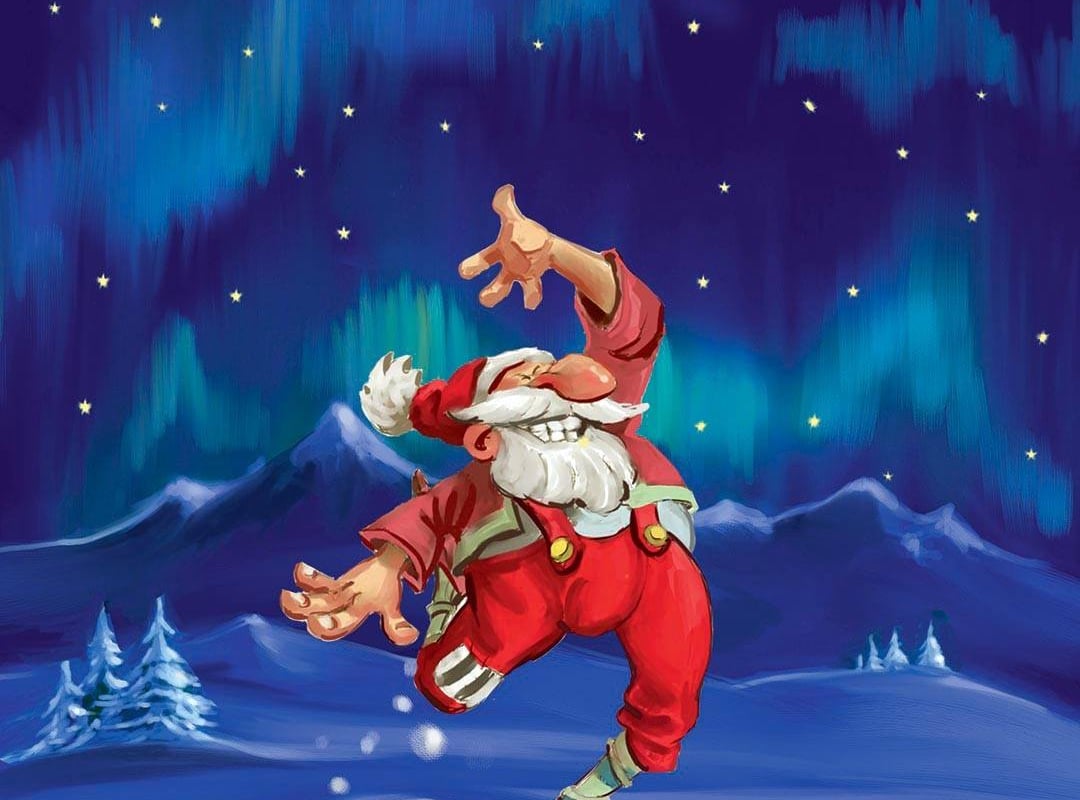 Isländischer Weihnachtsmann, der im Schnee tanzt