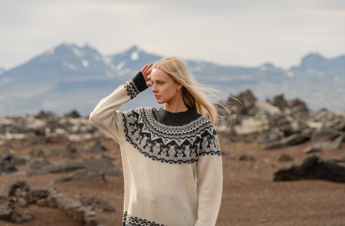 woman in Icelandic wool sweater