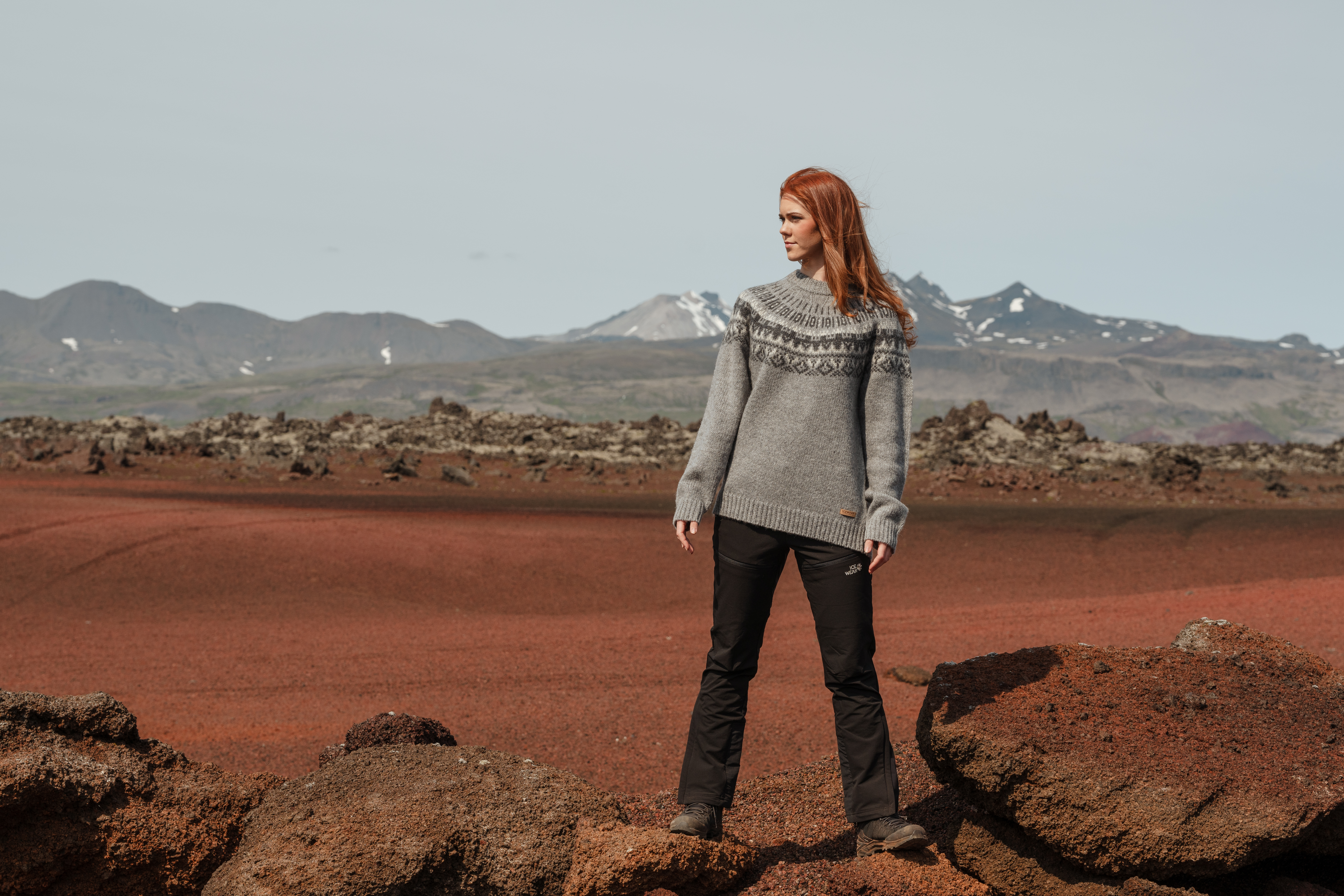woman in Icelandic wool sweater in the highlands