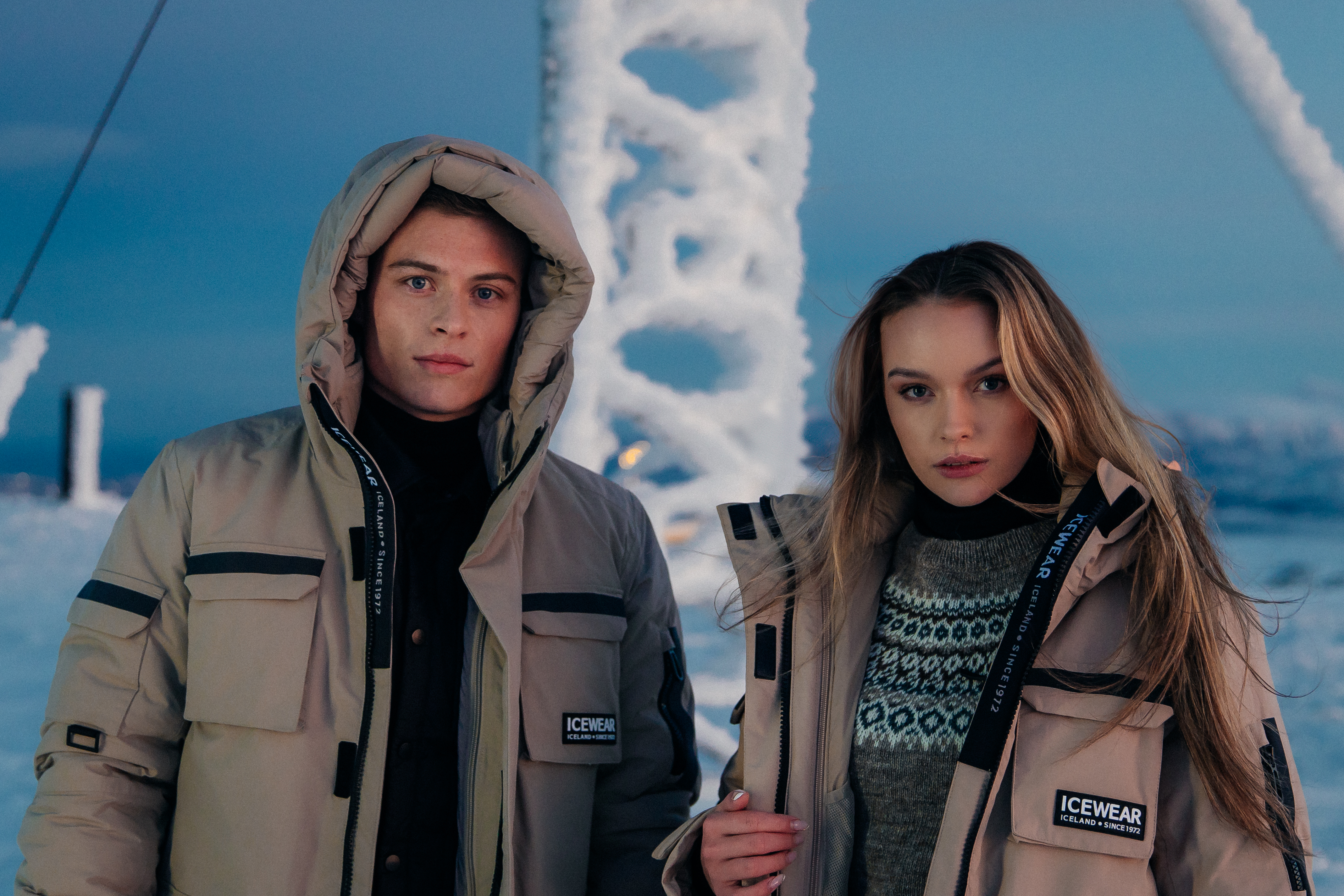couple in warm winter jacket
