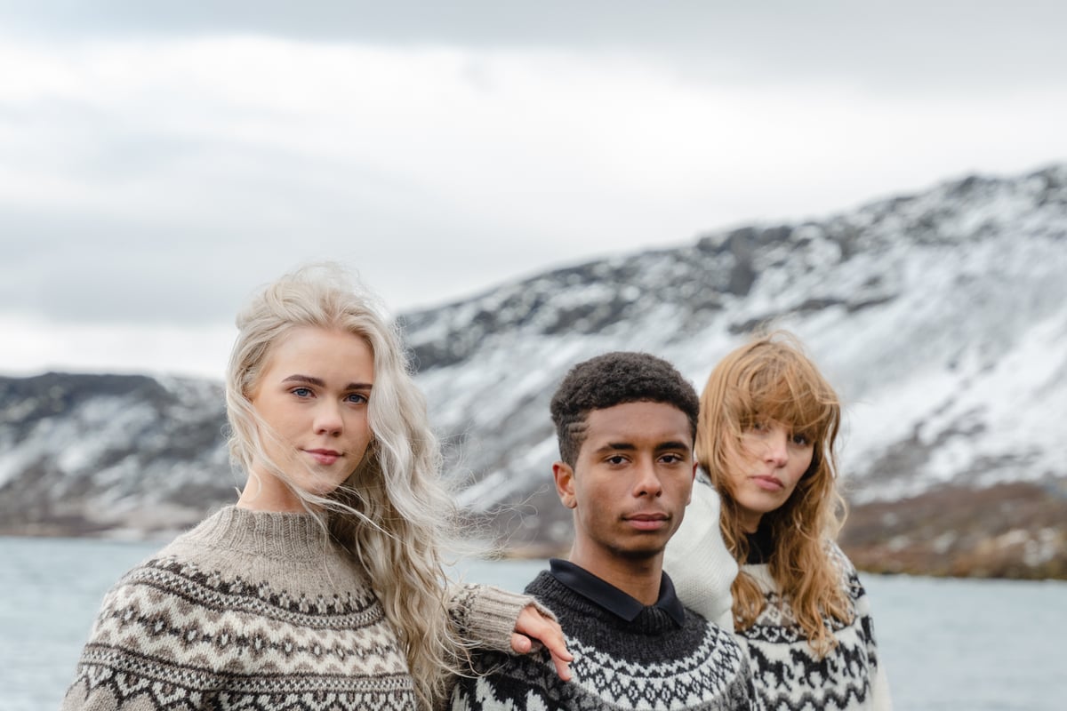 people wearing wool sweater on the Icelandic beach in the winter time