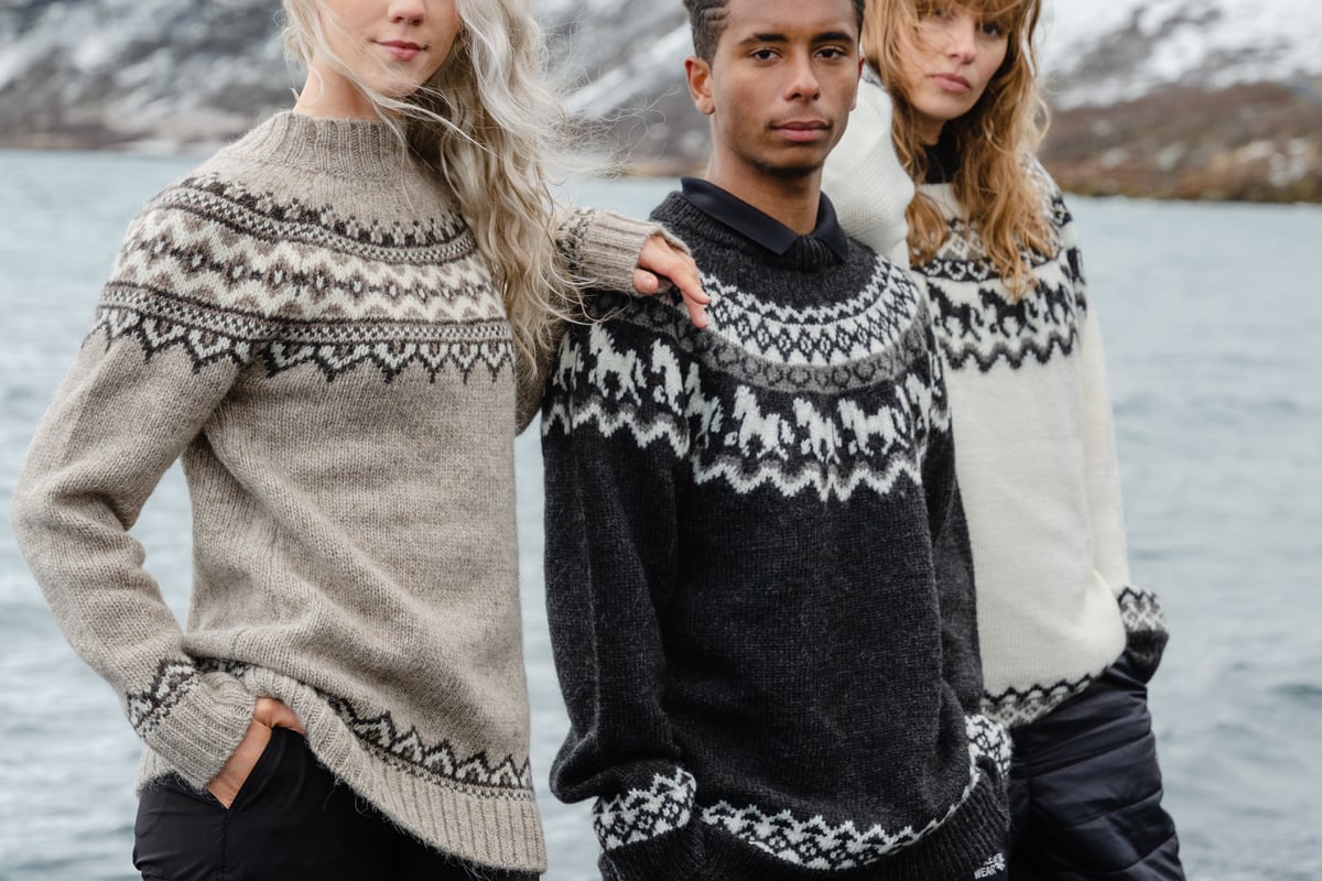 people wearing wool sweater on the Icelandic beach in the winter time