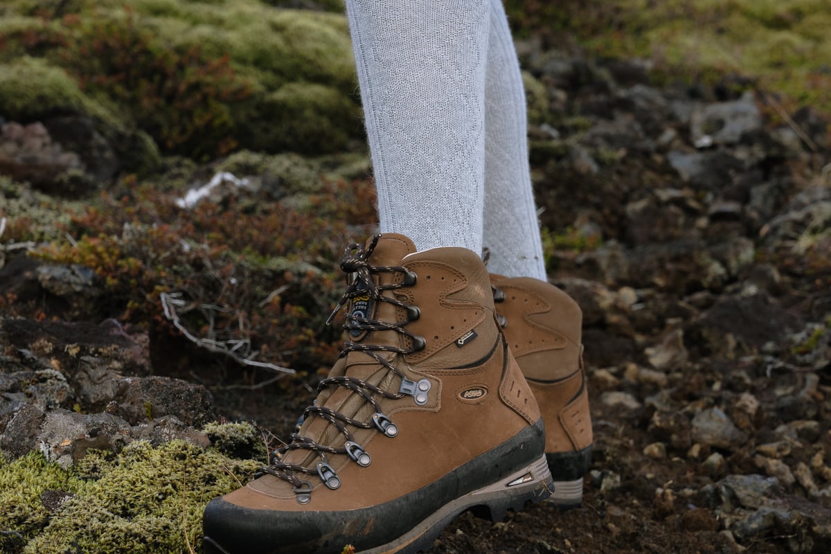 high wool socks and walking shoes