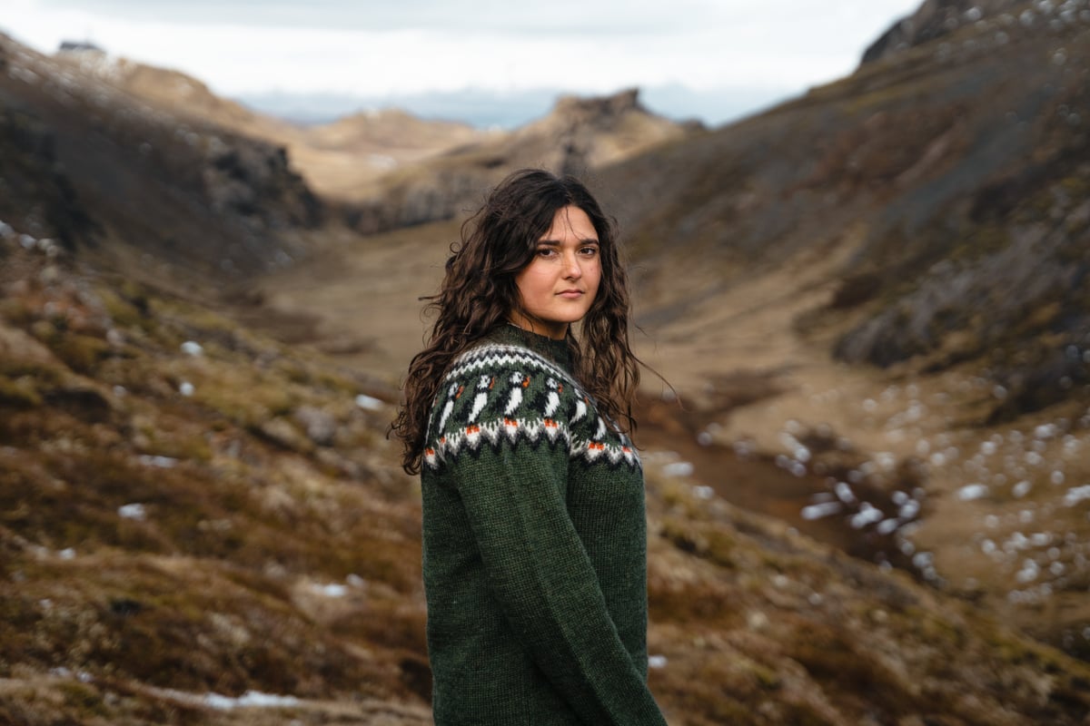 woman wearing Icelandic wool sweater with puffin pattern
