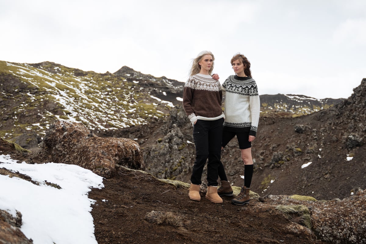 Women in woollen sweaters up the mountain