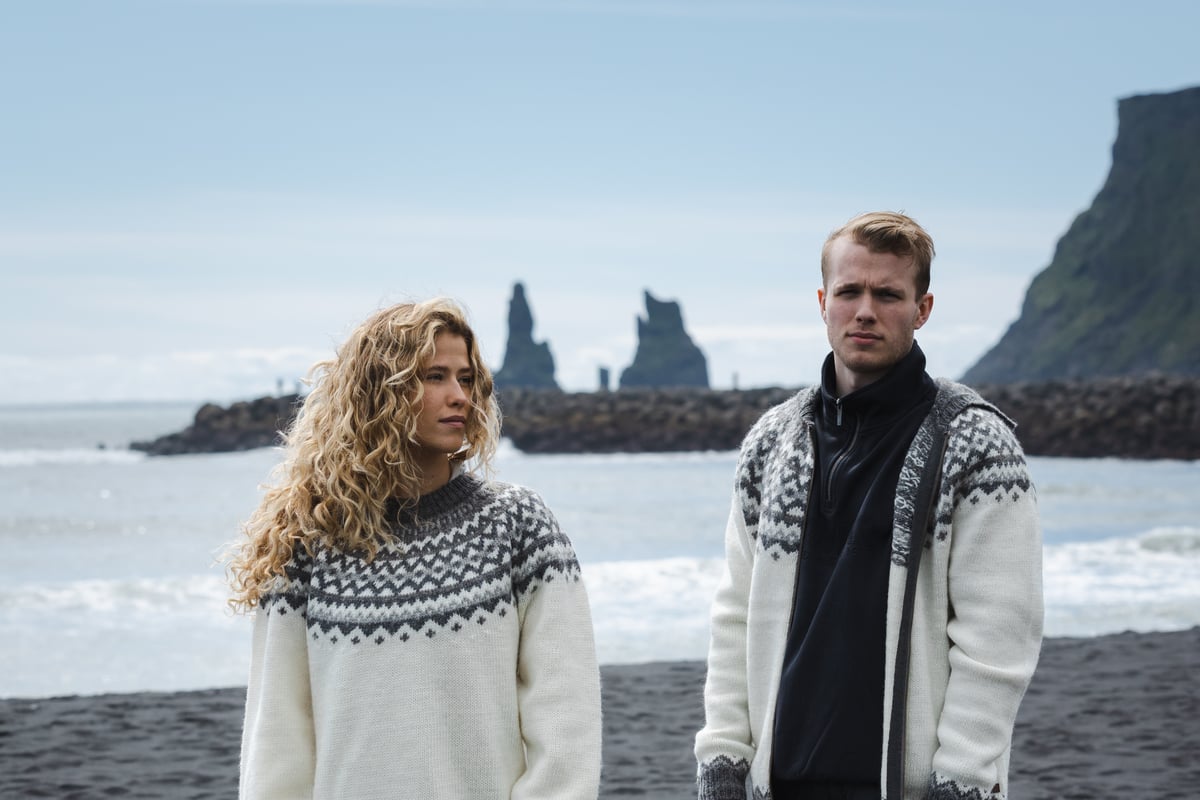 couple on the black beach in Vík in Mýrdal