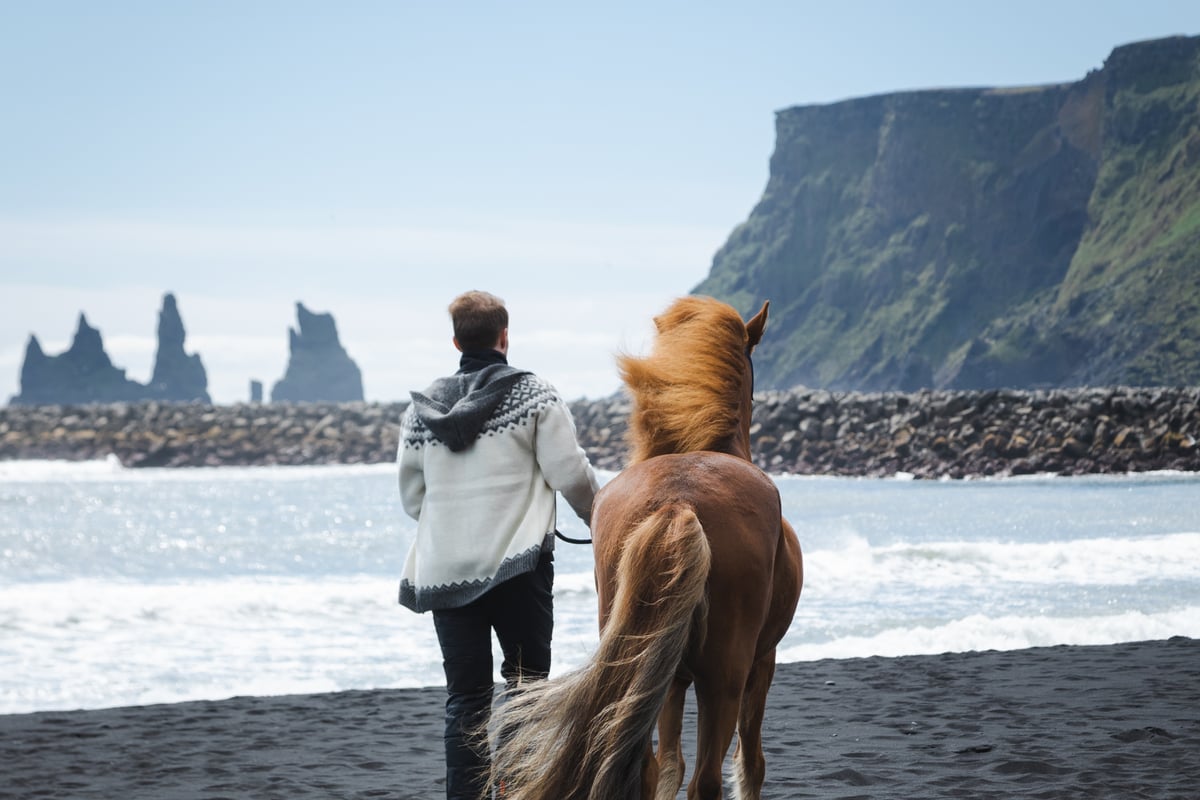 man and horse walking in black beach in Vík í Mýrdal