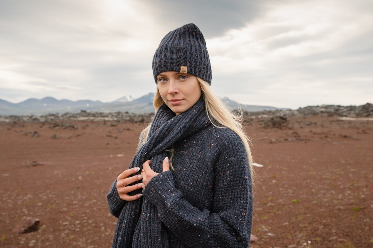 woman in wool sweater, hat and scarf