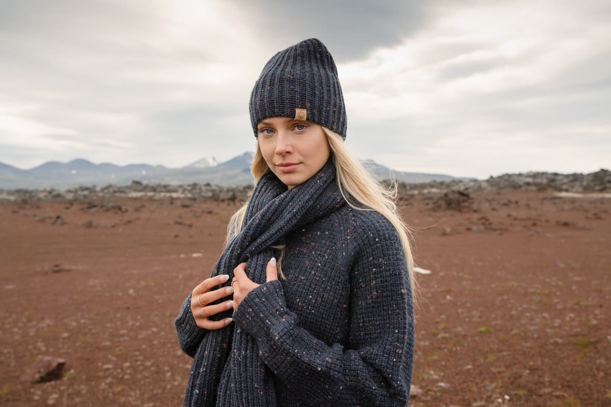 woman in wool sweater, hat and scarf