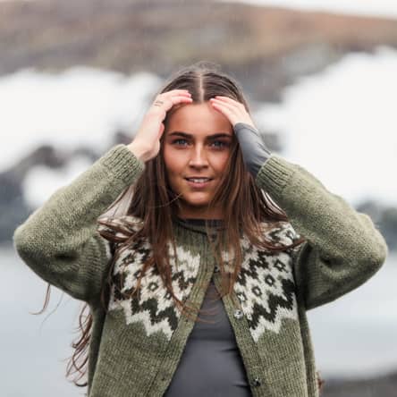 woman wearing a Icelandic wool sweater