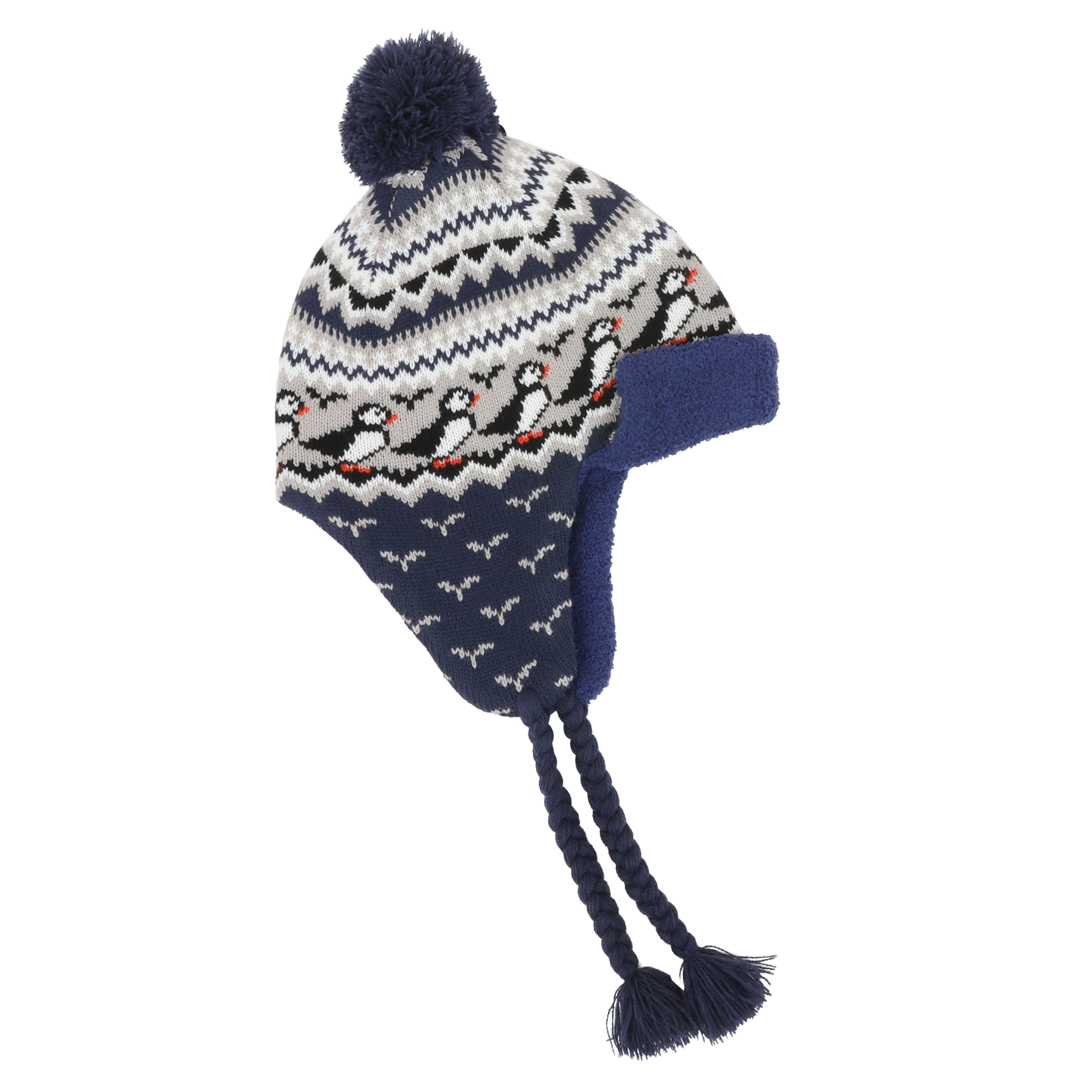 Lundaklettur hat with ear flaps puffin pattern
