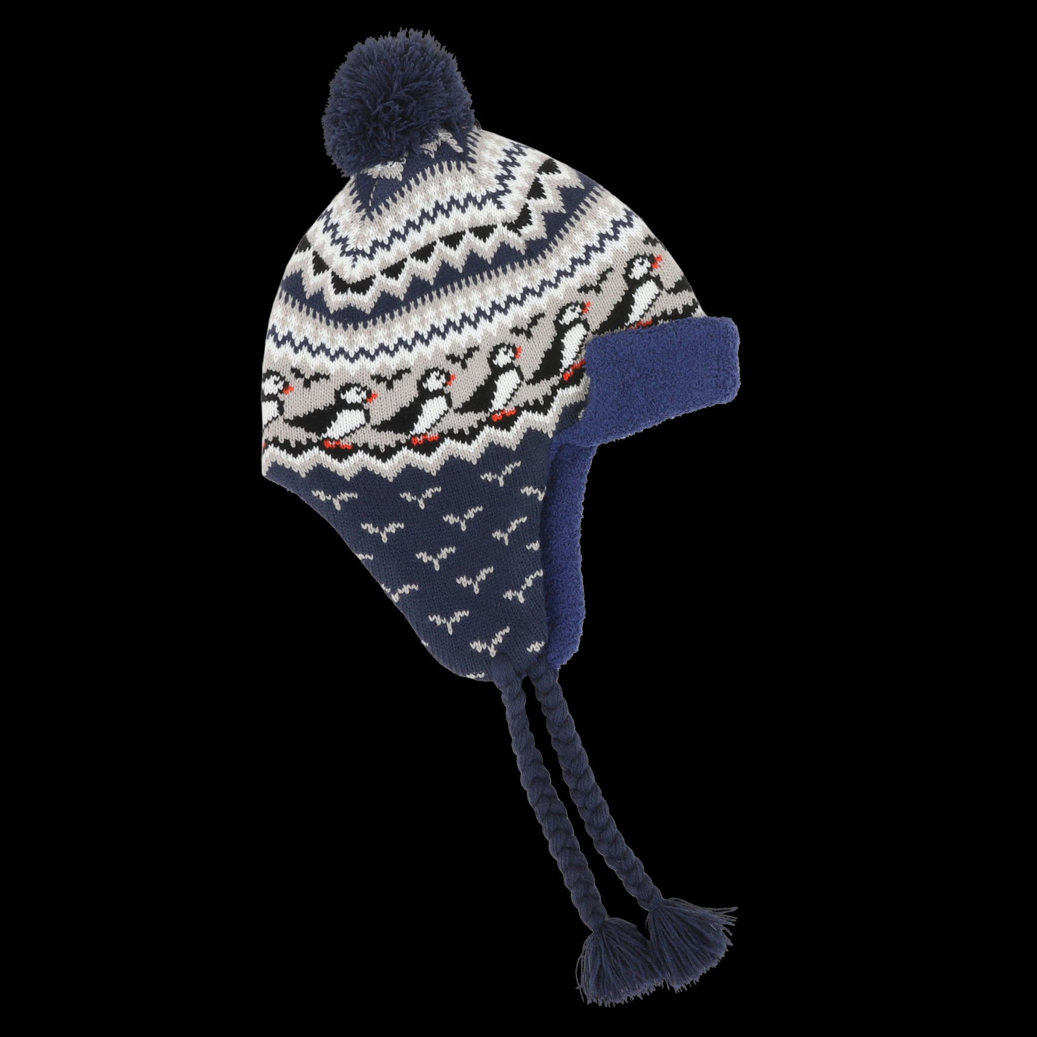 Lundaklettur hat with ear flaps puffin pattern