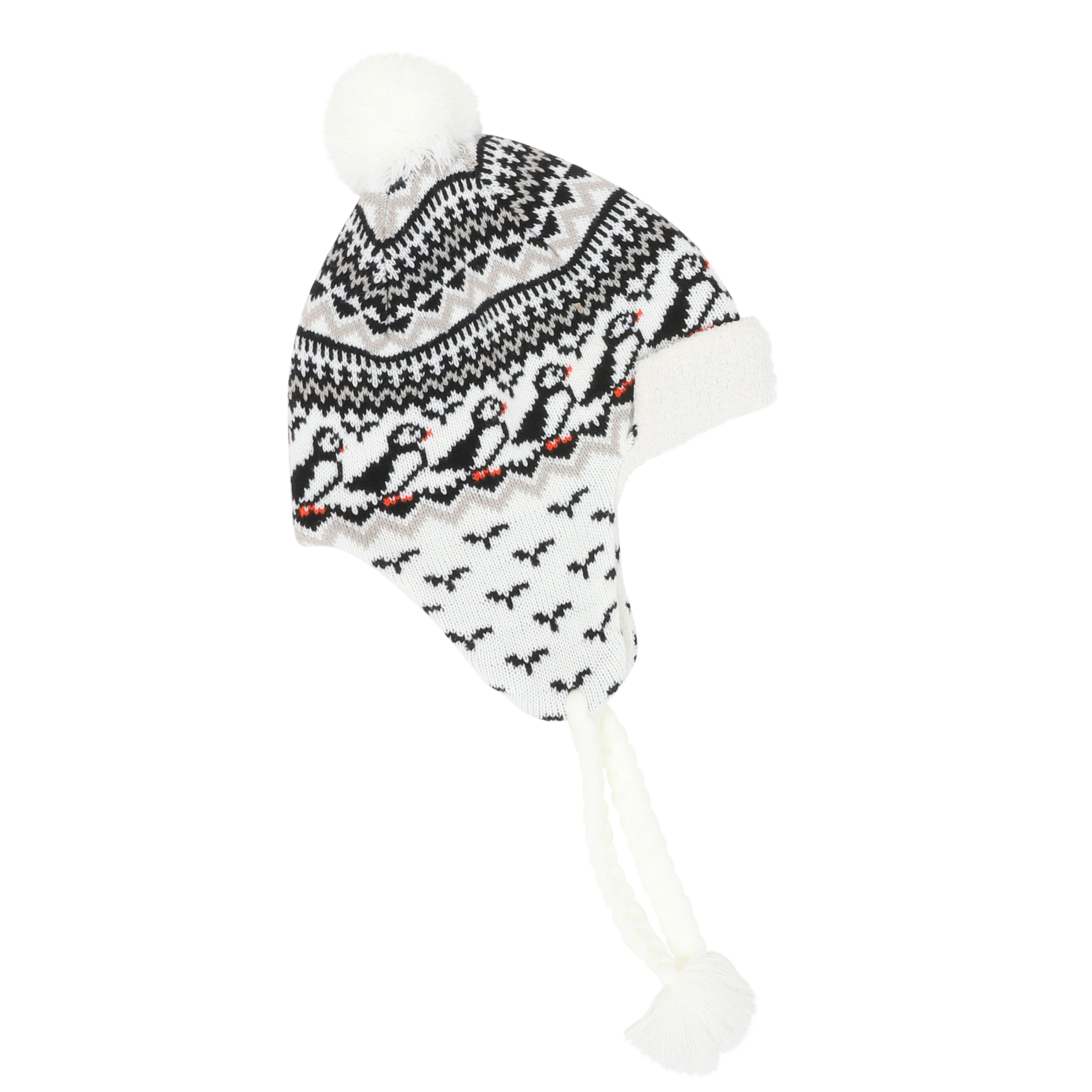 Lundaklettur hat with ear flaps puffin pattern