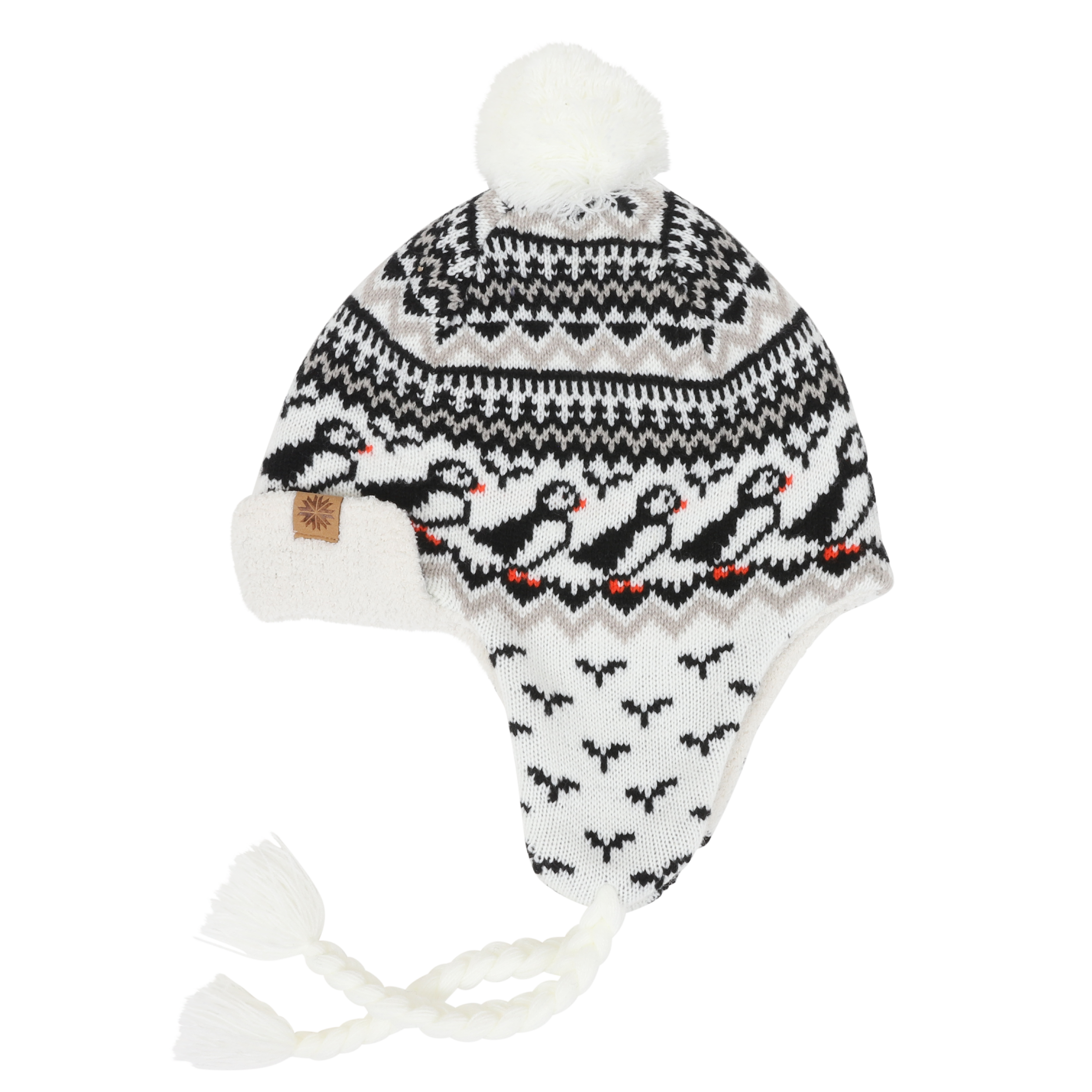 Lundaklettur hat with ear flaps puffin pattern