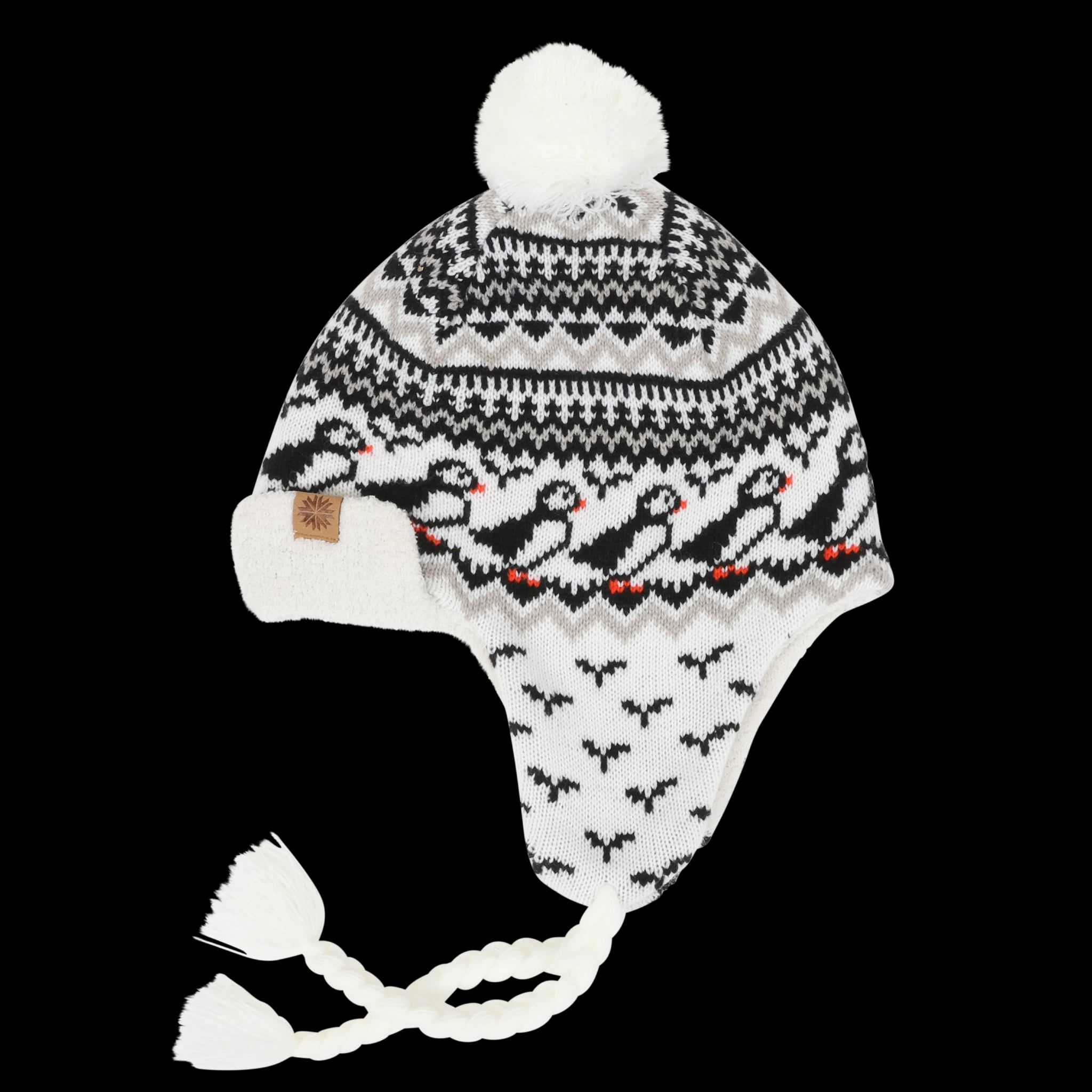 Lundaklettur hat with ear flaps puffin pattern