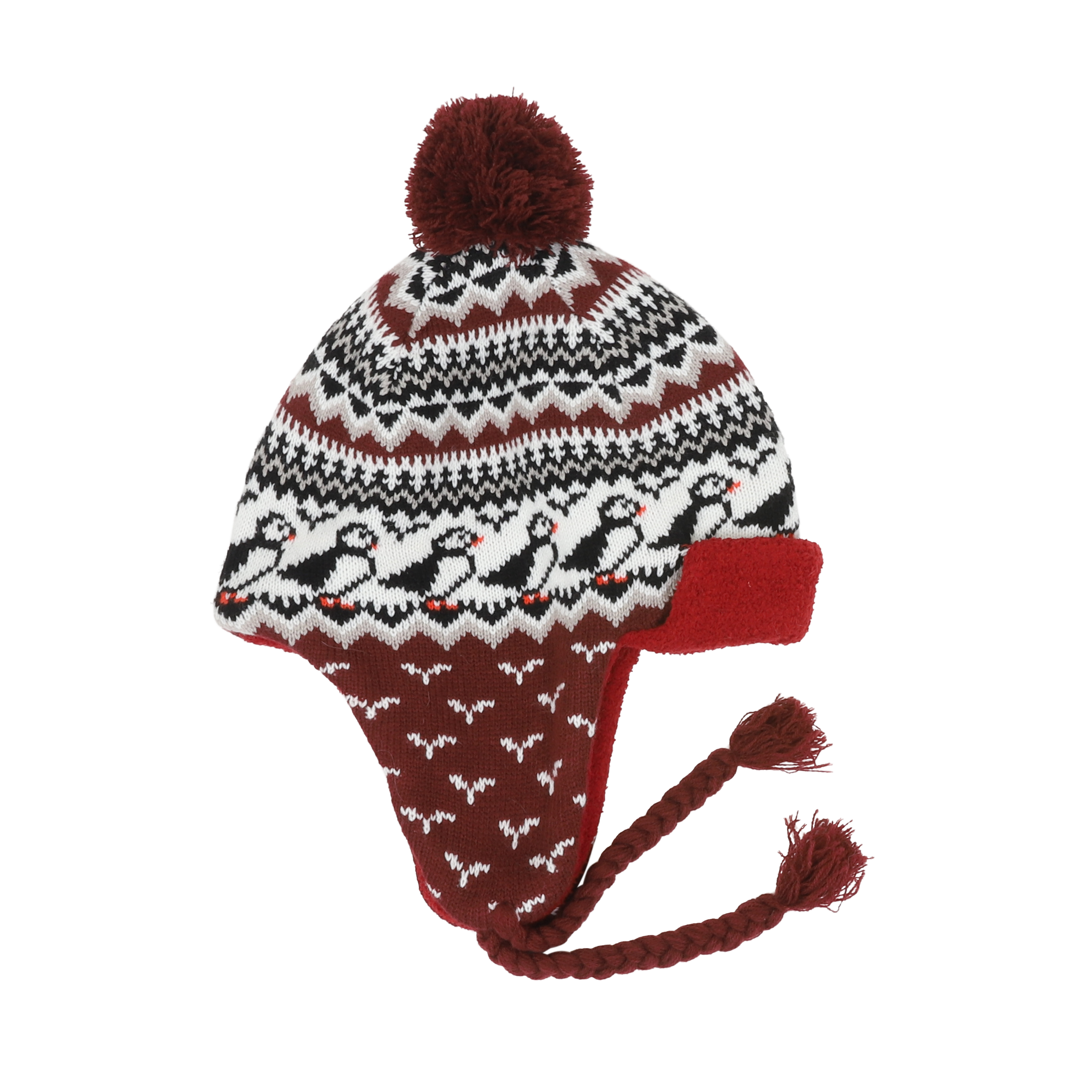 Lundaklettur hat with ear flaps puffin pattern