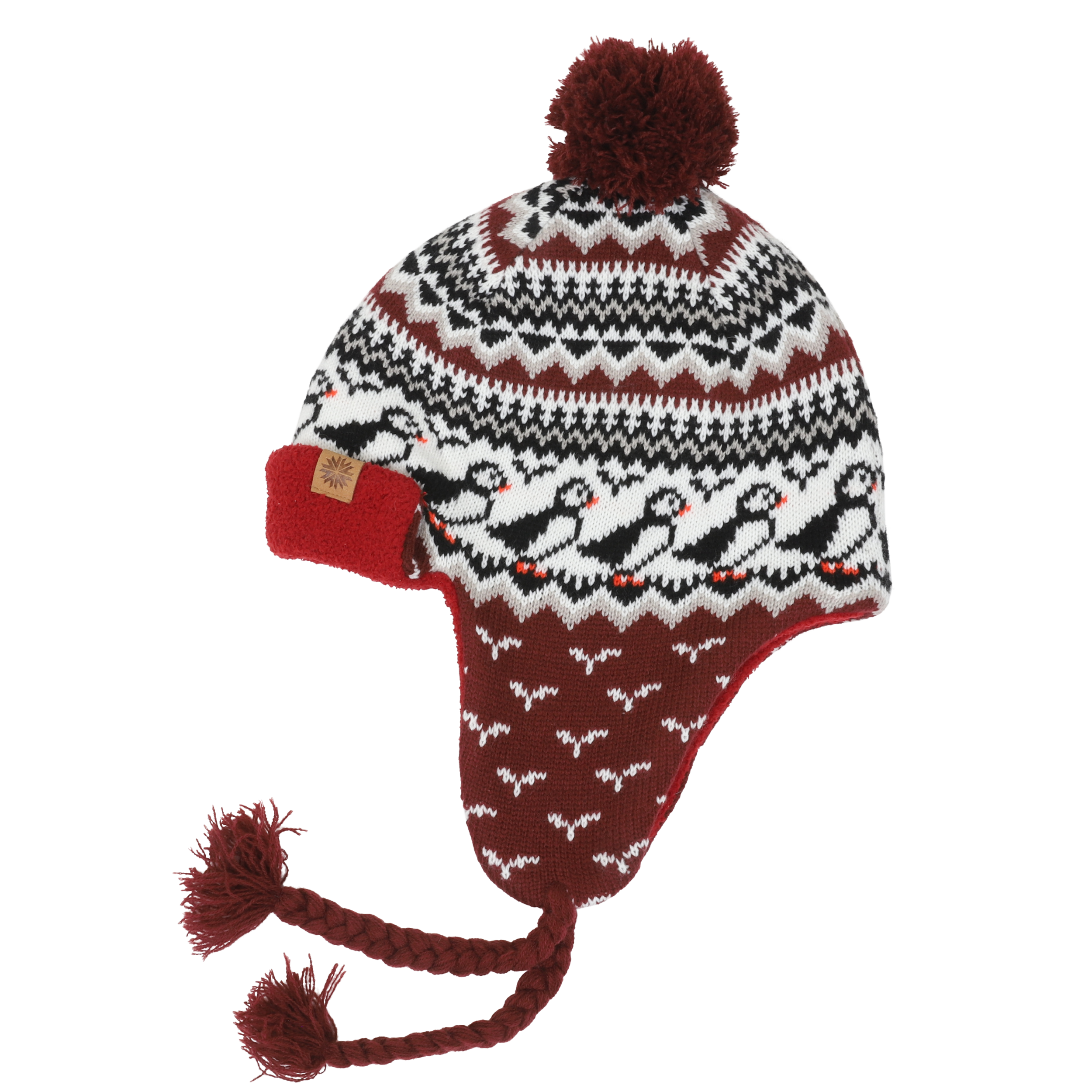 Lundaklettur hat with ear flaps puffin pattern