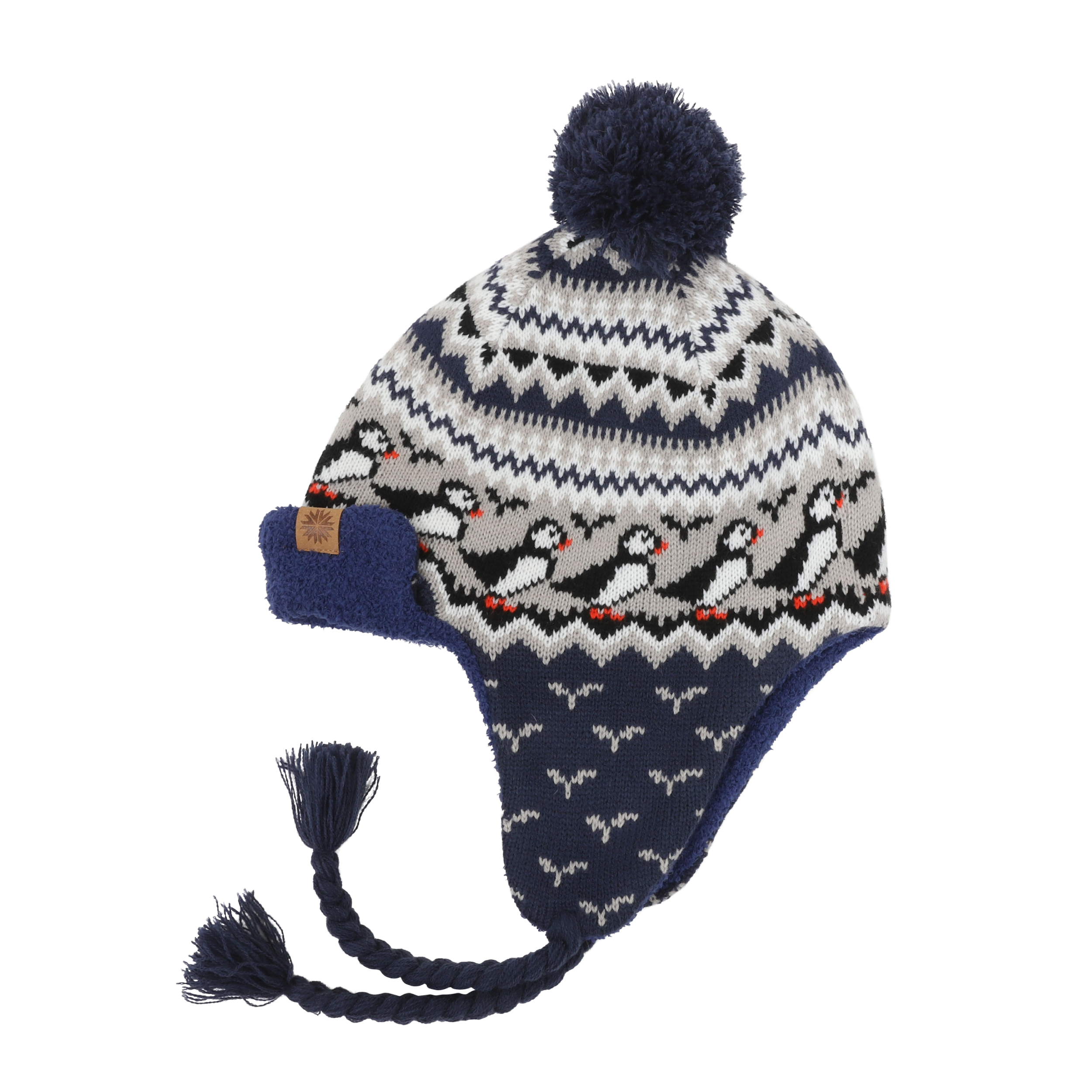 Lundaklettur hat with ear flaps puffin pattern