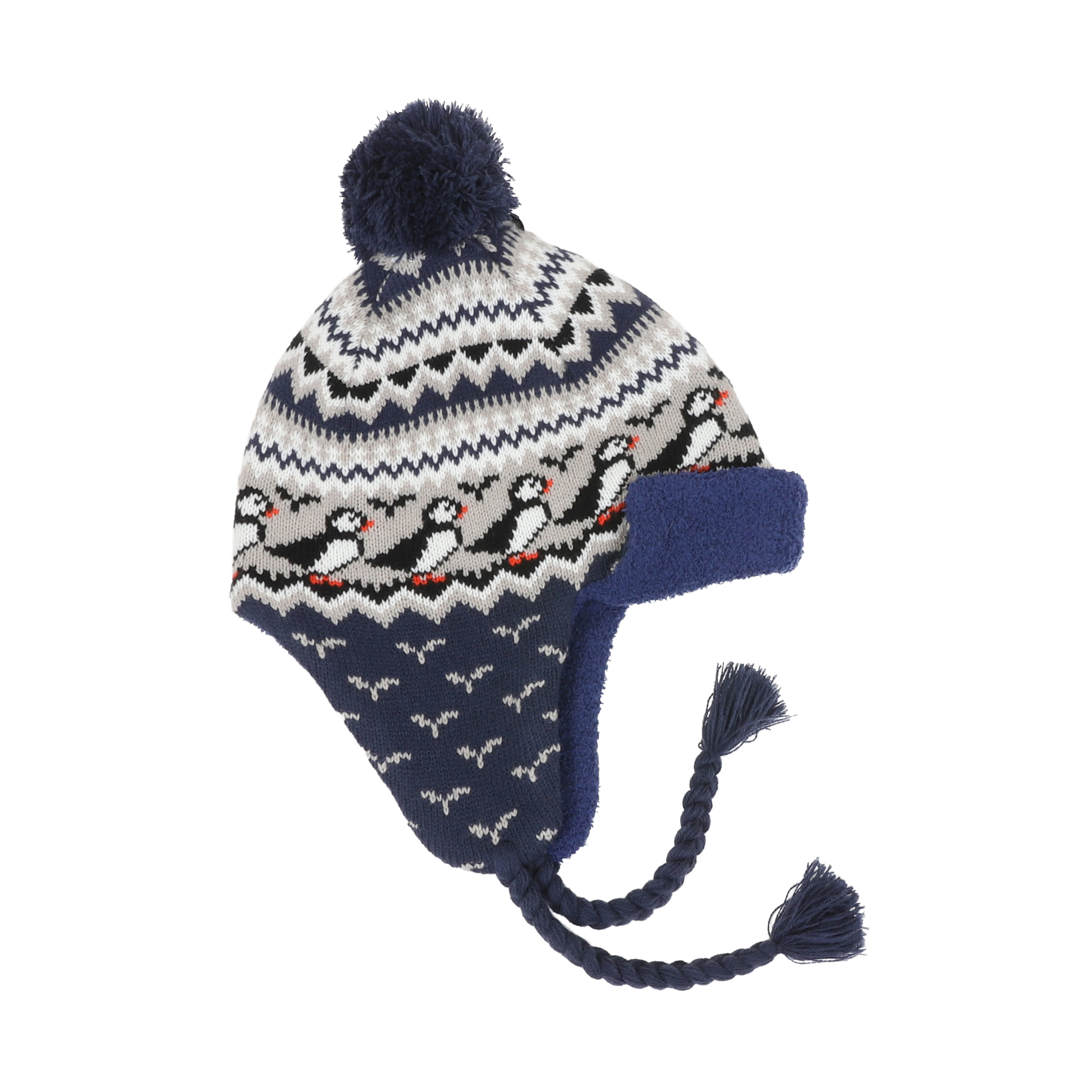 Lundaklettur hat with ear flaps puffin pattern