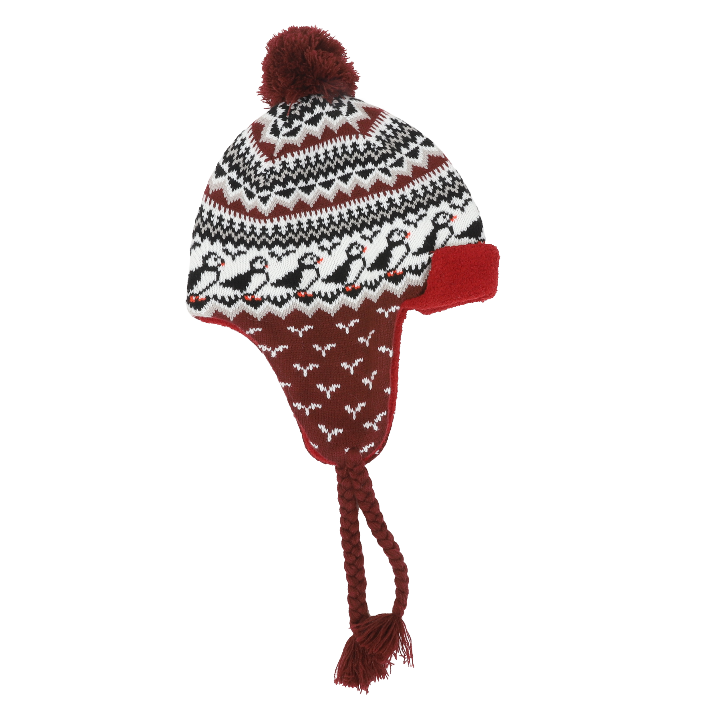 Lundaklettur hat with ear flaps puffin pattern