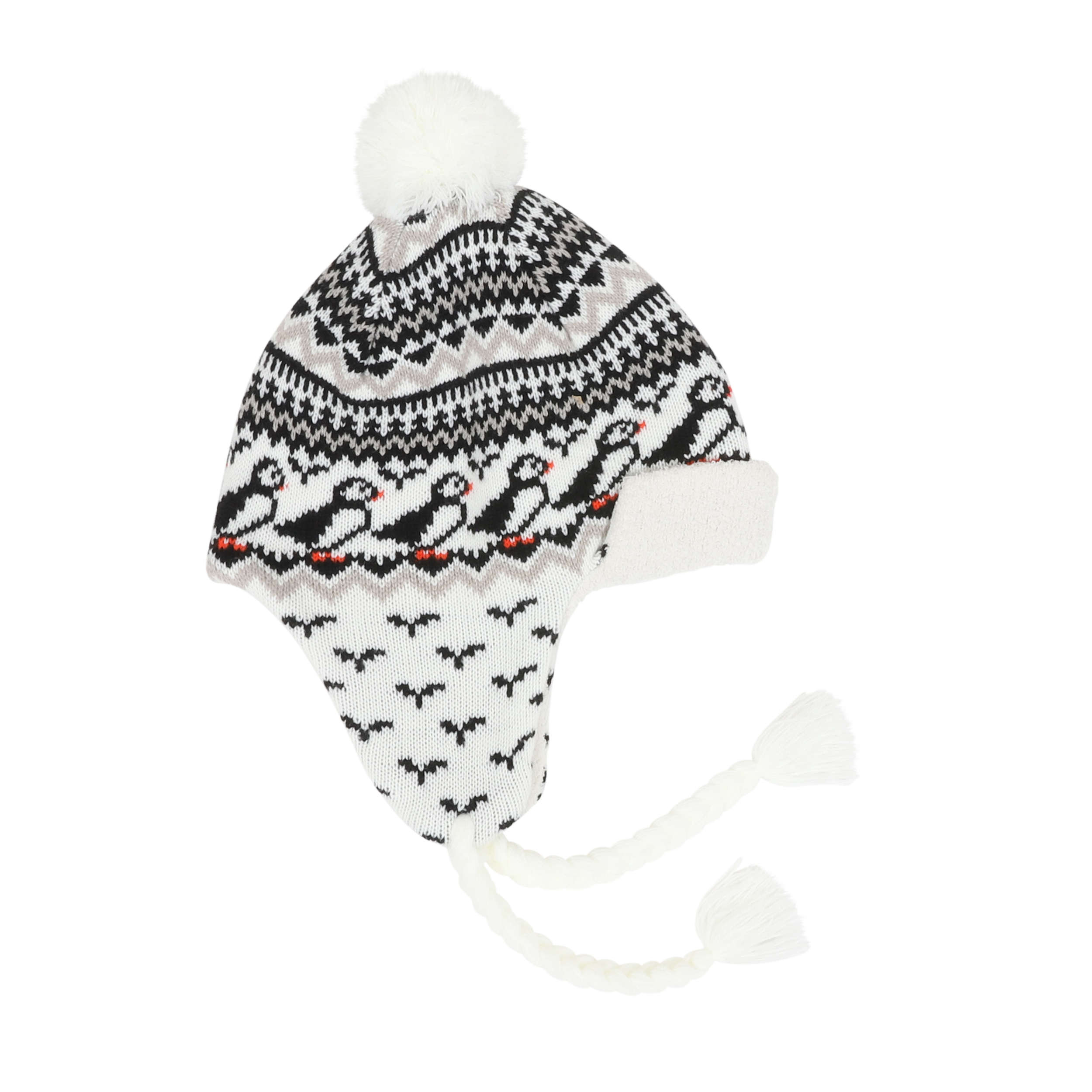Lundaklettur hat with ear flaps puffin pattern