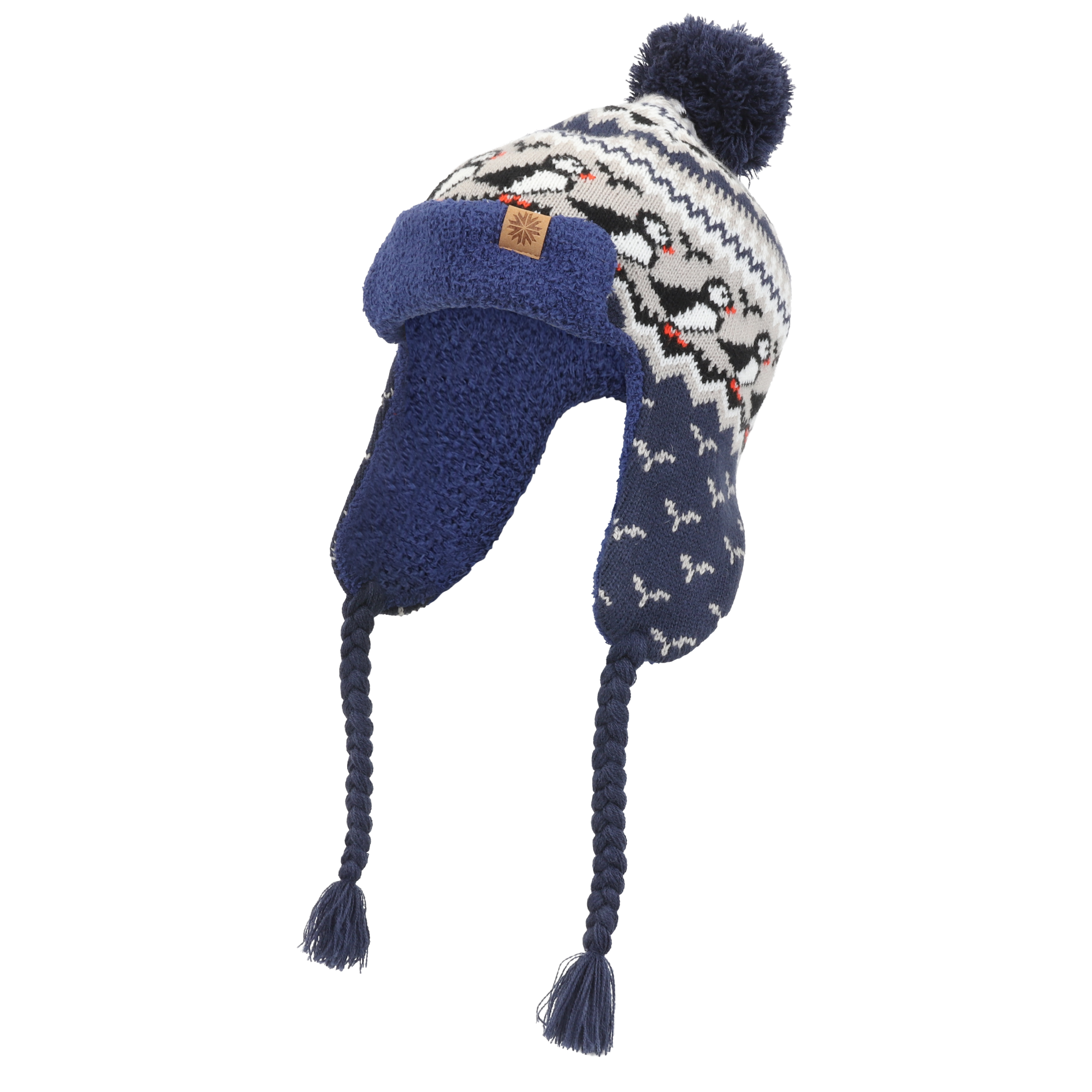Lundaklettur hat with ear flaps puffin pattern